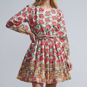 New York & Company Red Floral Tile Print Patterned Long Sleeve Cotton Mini Dress